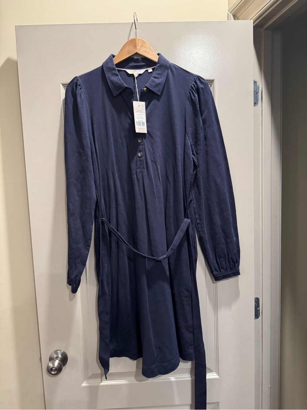 NWT Boden Navy Cotton Polo Collar Tie Waist Shirt Dress Size 12 Long